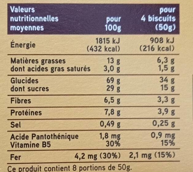 Biscuits pour le petit déjeuner pépites de chocolat & cacao - Nutrition facts - fr