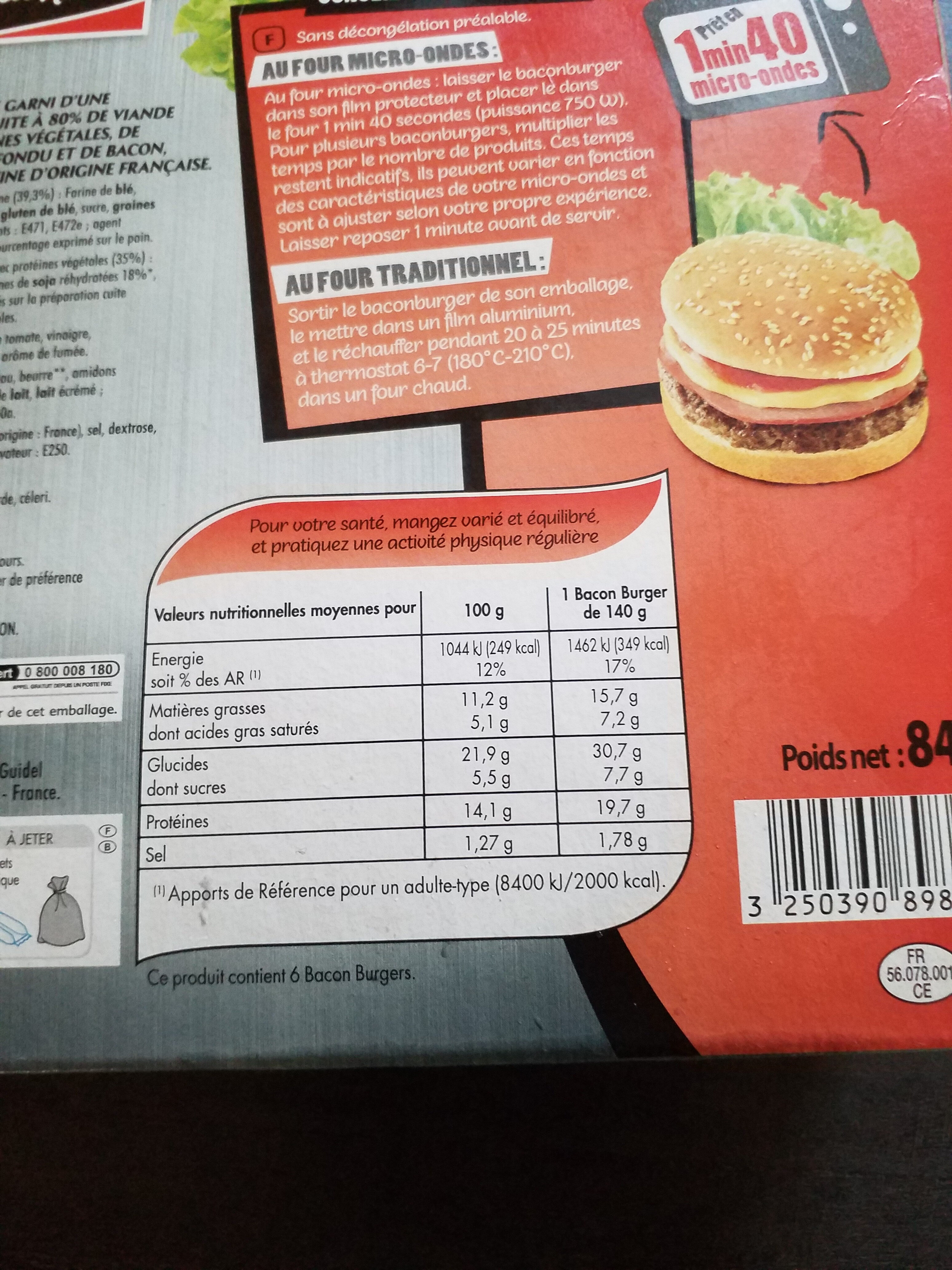 Bacon burgers - Tableau nutritionnel