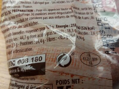 Mini saucissons secs pur porc - Nutrition facts - fr