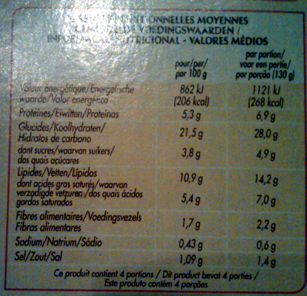 2 Flammekueche  lardon et oignons - Tableau nutritionnel