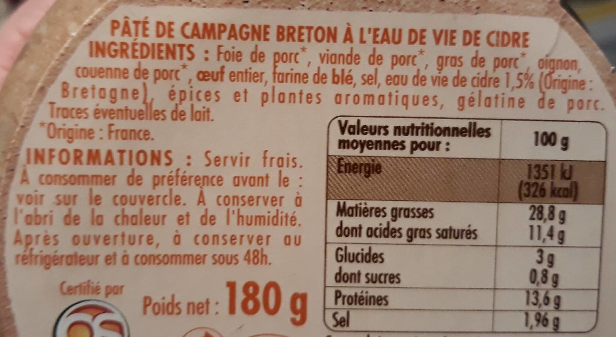 Pâté de campagne breton à l'eau de vie de cidre - Nutrition facts - fr