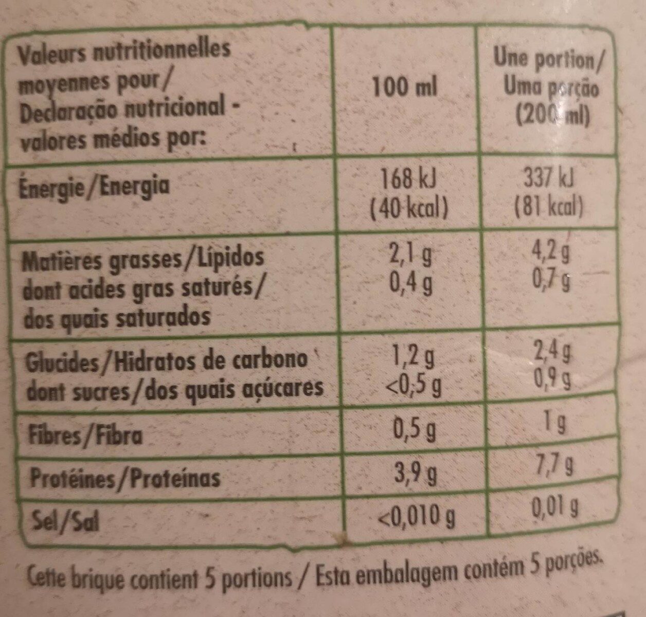 Boisson au soja nature BIO - Voedingswaarden - fr