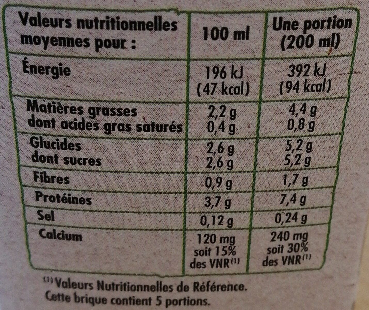 Boisson au soja nature BIO - Nutrition facts - fr