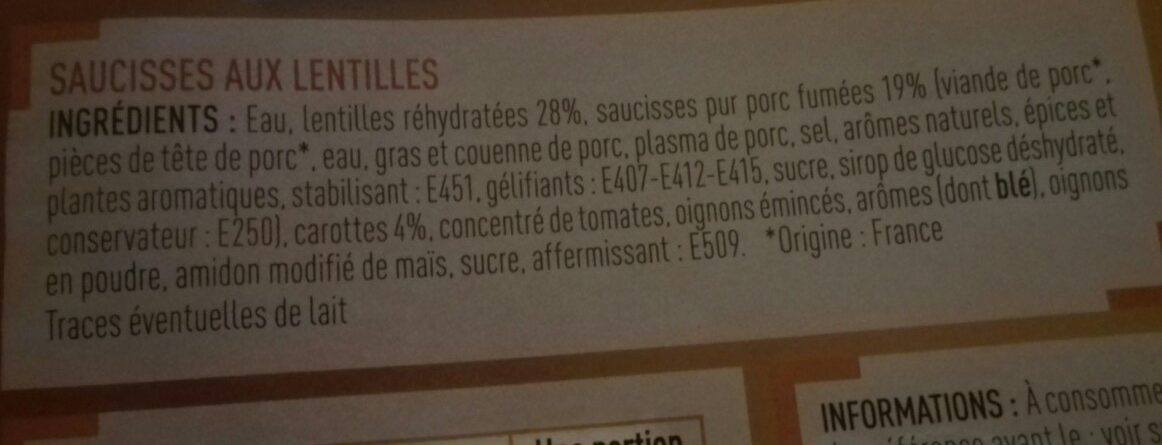 Netto Saucisses Lentilles - Ingrediënten - fr