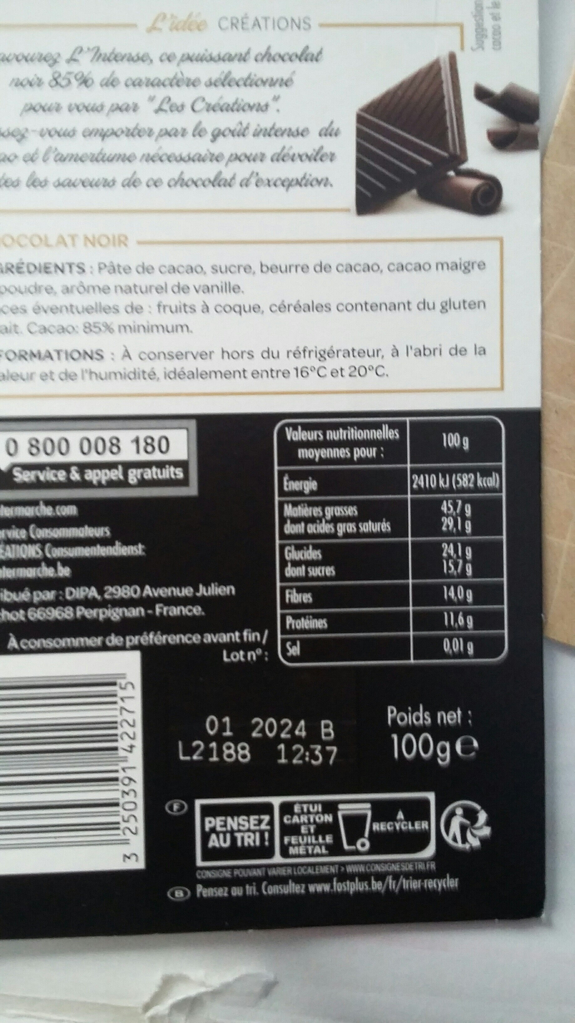 L'intense chocolat noir 85% - Instruction de recyclage et/ou informations d'emballage