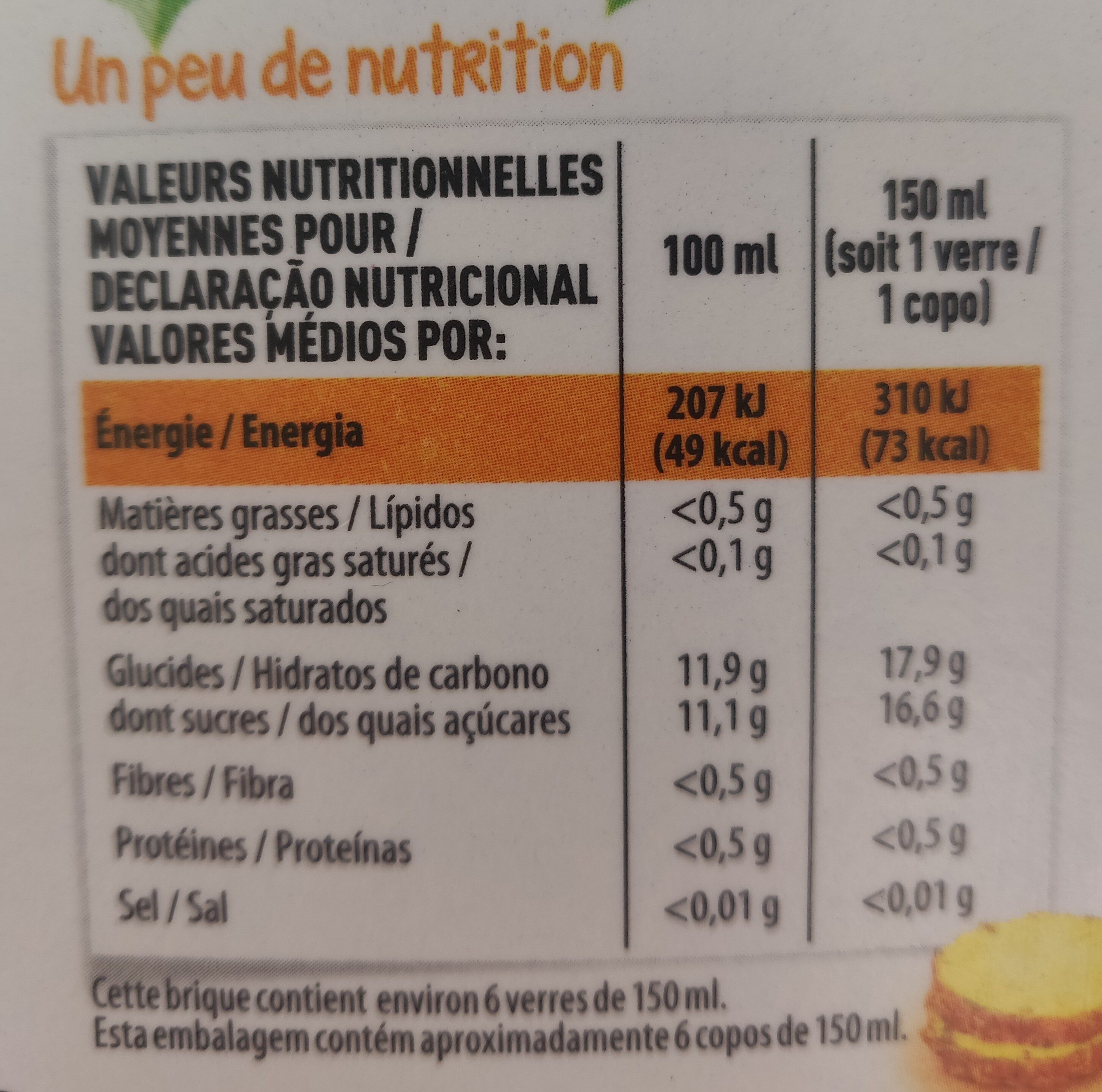 100% Pur Jus Pressé Ananas - Dados nutricionais - fr