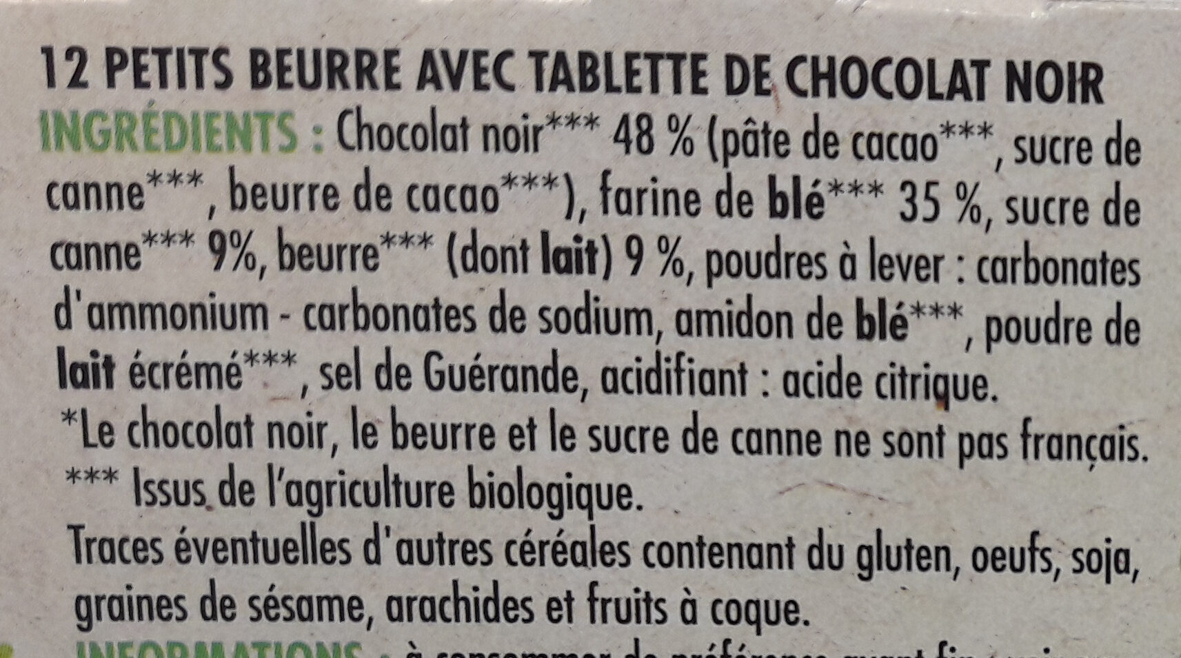 Petit beurre tablette chocolat noir bio - Ingrediënten - fr