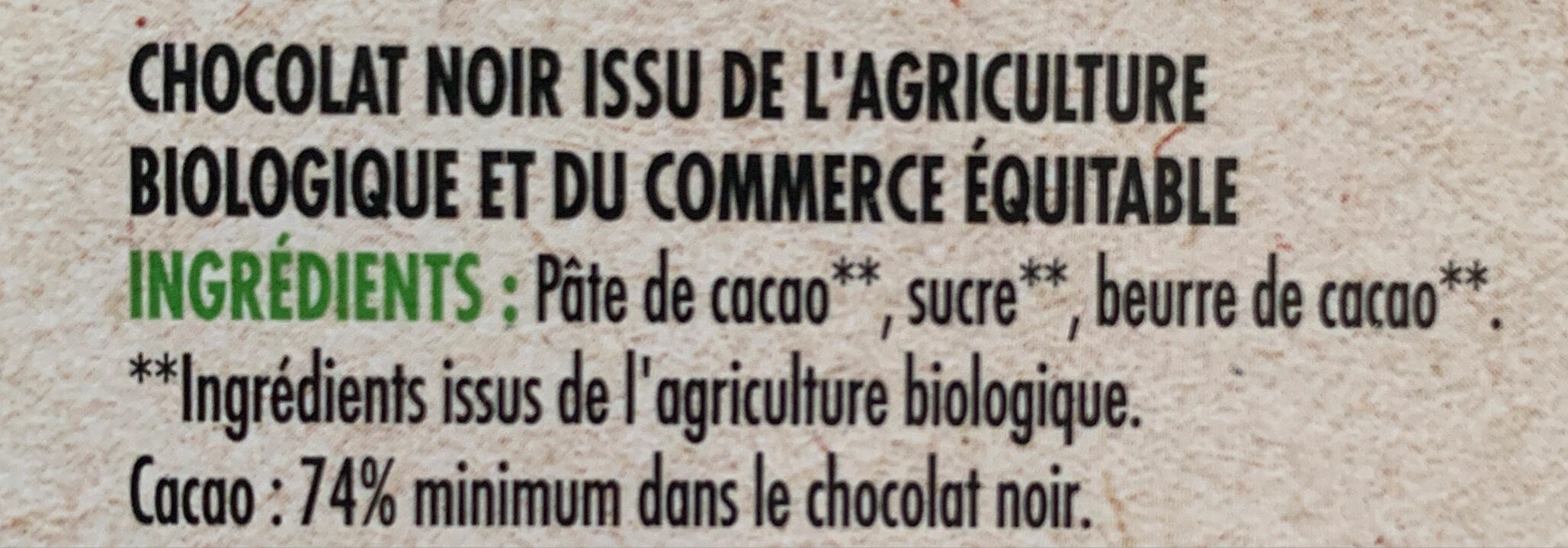 Tablette BIO dégustation Chocolat noir - 100g - Zutaten - fr