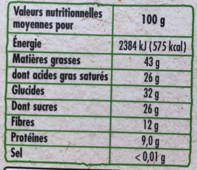 Tablette BIO dégustation Chocolat noir - 100g - Valori nutrizionali - fr