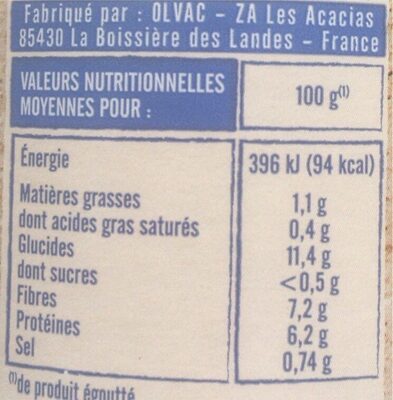 Mogette de Vendée Label Rouge - Tableau nutritionnel
