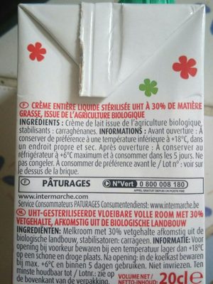 Crème liquide entière 30 % MG BIO - Ingredients - fr