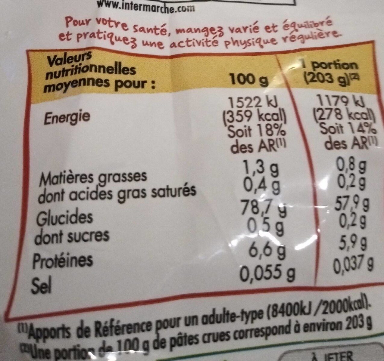 Coquillettes sans gluten - Tableau nutritionnel