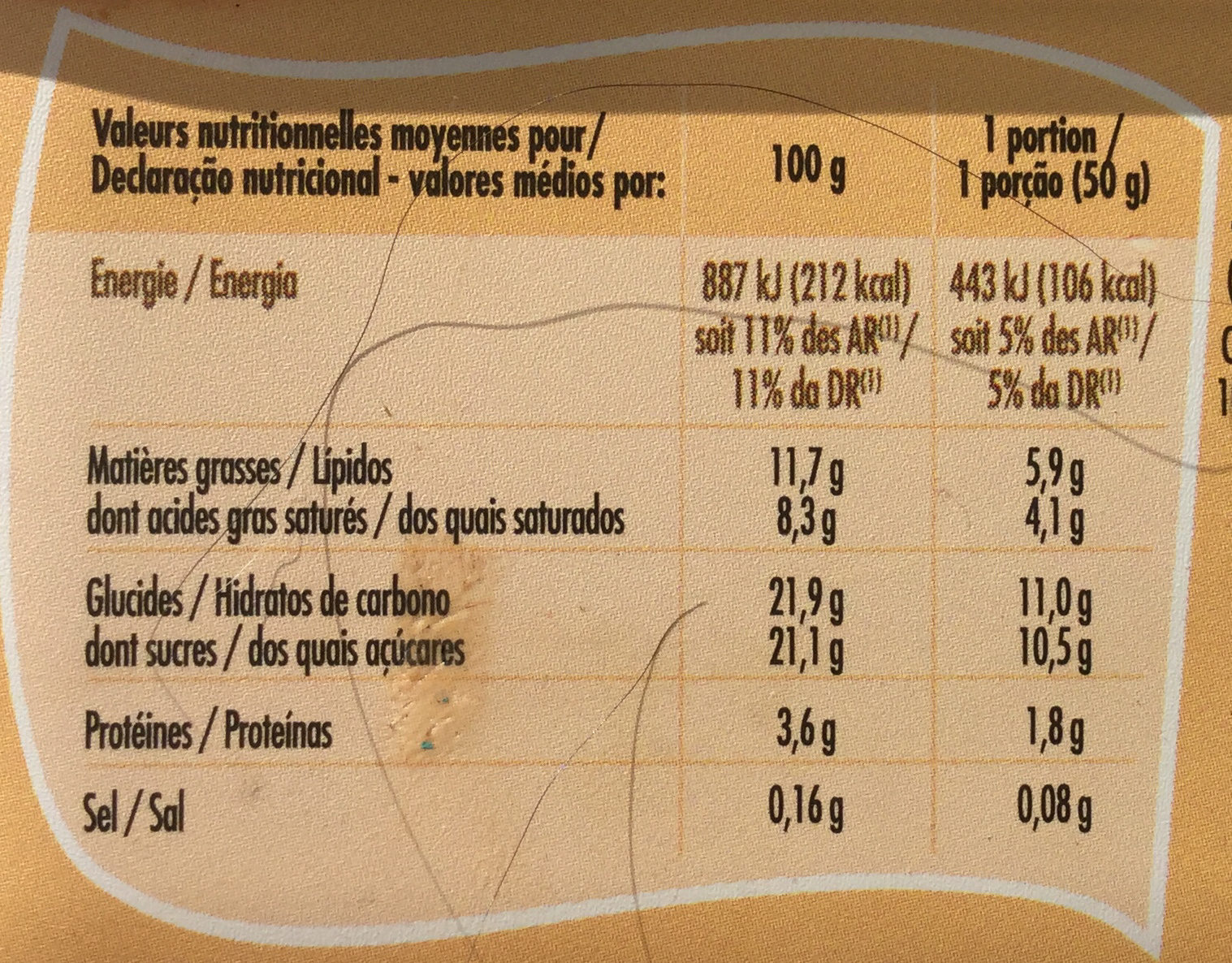 VANILLE (CREME) - Dados nutricionais - fr