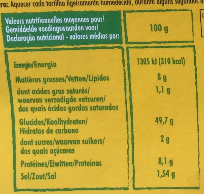 Tortillas de maïs 320 g - Dados nutricionais - fr