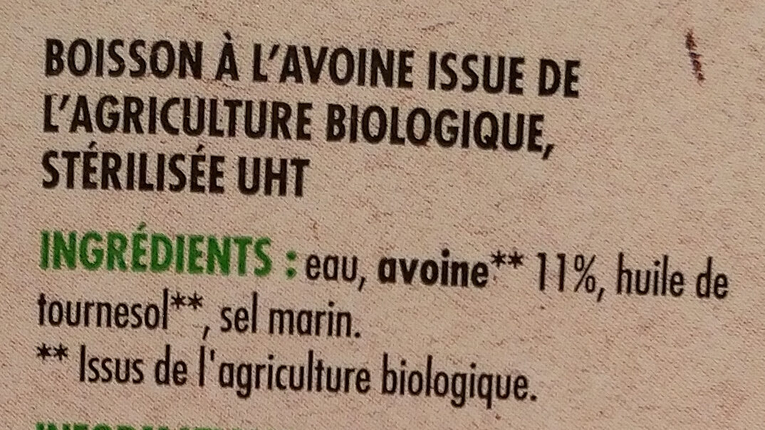 Boisson avoine BIO 1l - Ingrédients