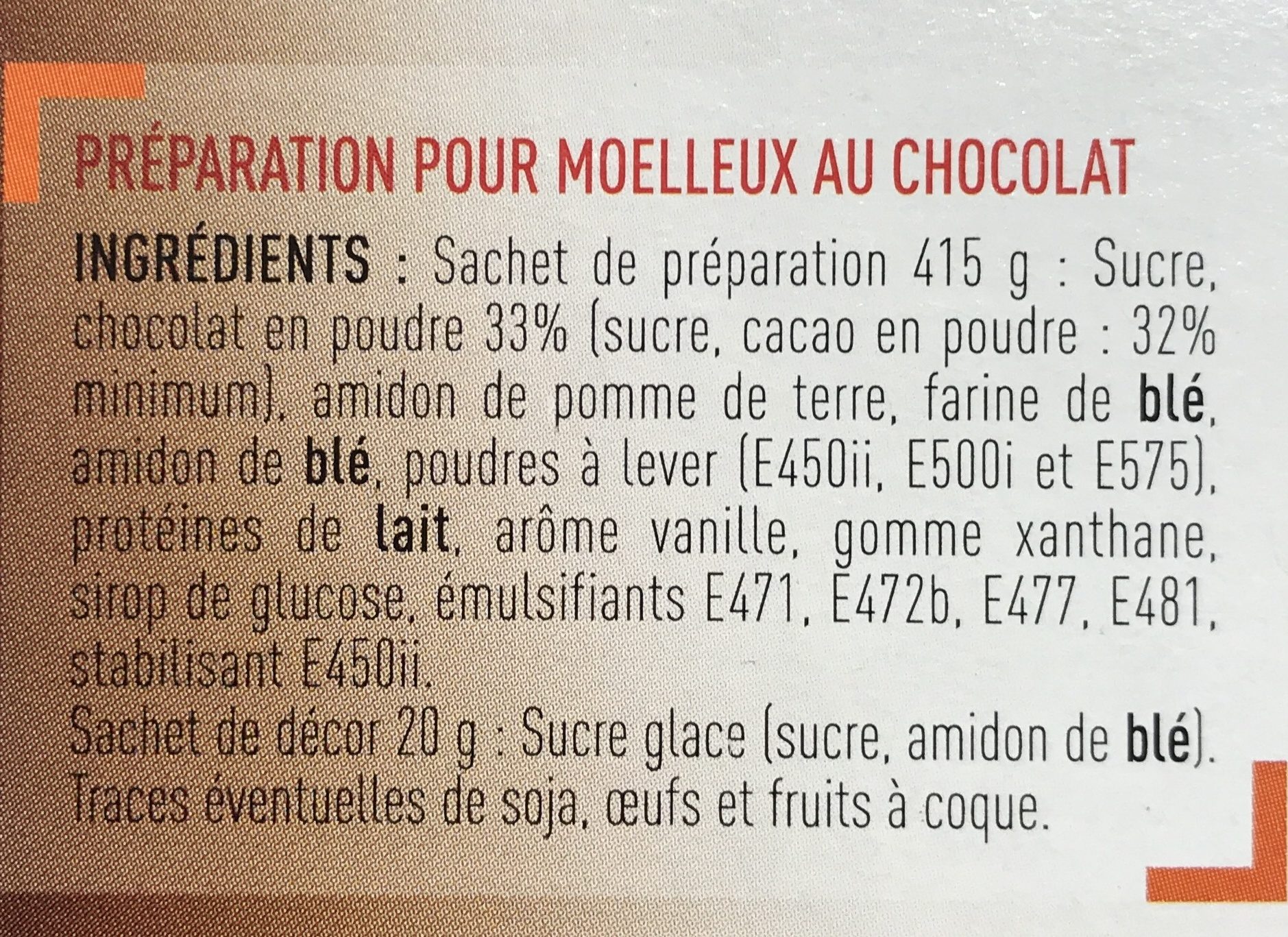 Préparation pour Moelleux au chocolat - Ingredientes - fr