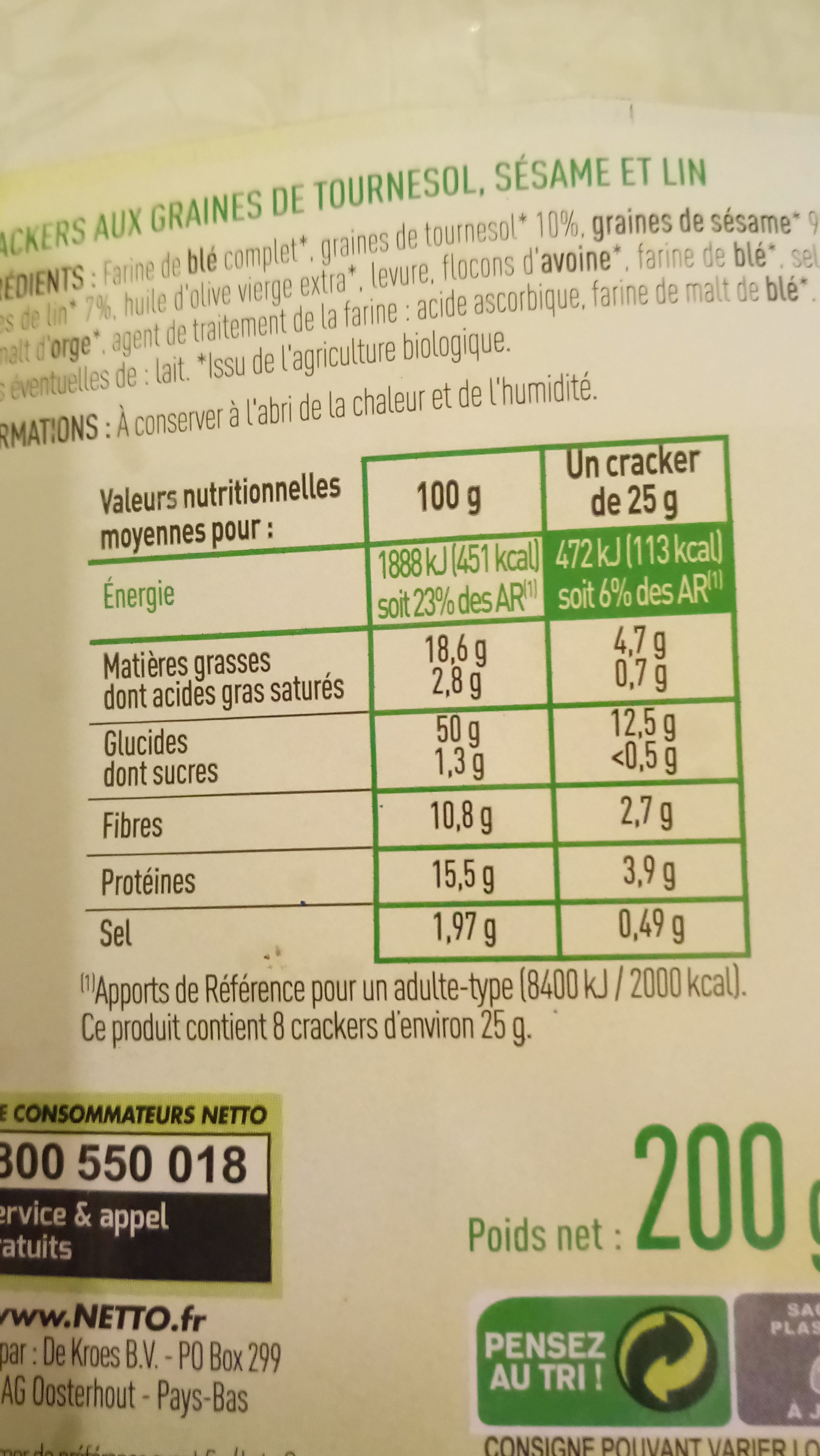 Crackers 3 graines - Tournesol, sésame, lin - Bio - Voedingswaarden - fr