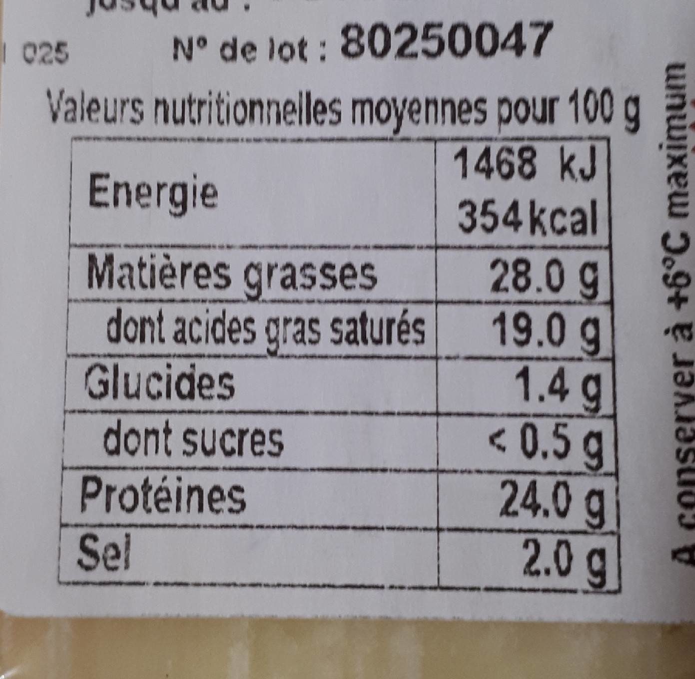 Cantal jeune - Nutrition facts - fr