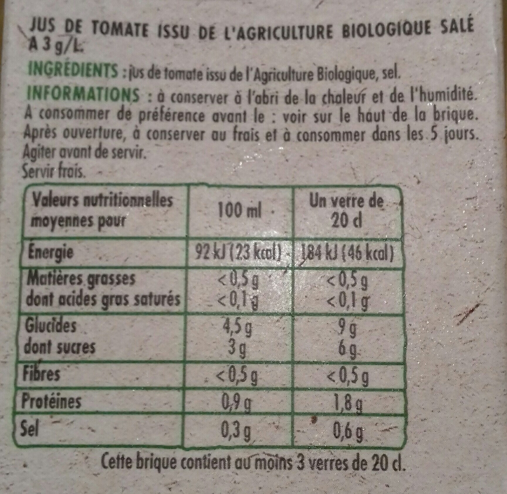 Pj tomate bio brique 75cl - Tableau nutritionnel