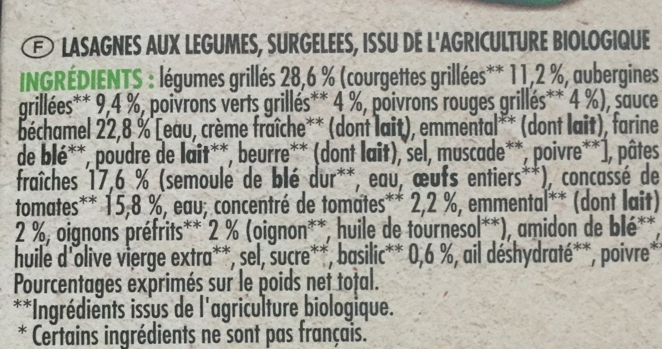 Lasagnes aux légumes bio - Ingredients - fr