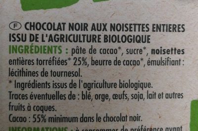 Chocolat noir aux noisettes - Ingredients - fr