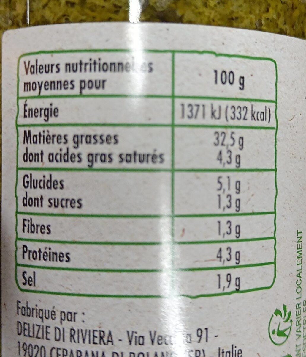 Sauce pesto bio - Voedingswaarden - fr