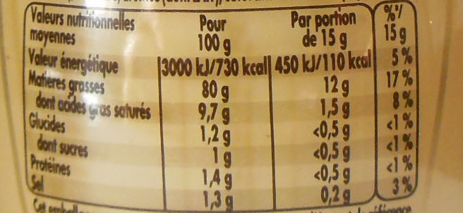 Maille Mayonnaise Fine qualité traiteur au rayon frais 2 x 125g - Tableau nutritionnel