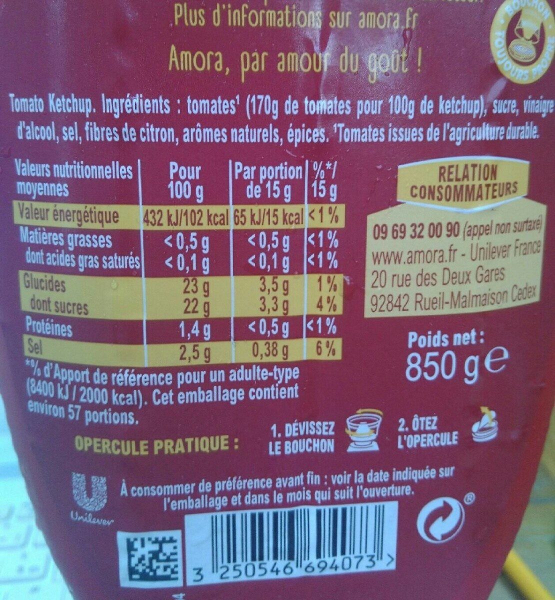 Amora Ketchup Nature Flacon Souple 850g - Nutrition facts - fr