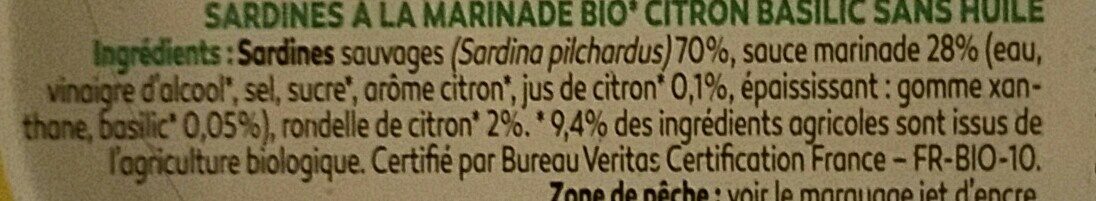 Sardines vapeur marinade bio citron basilic - Ingredients - fr