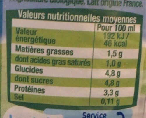 Lait Bio demi-écrémé - Nutrition facts - fr