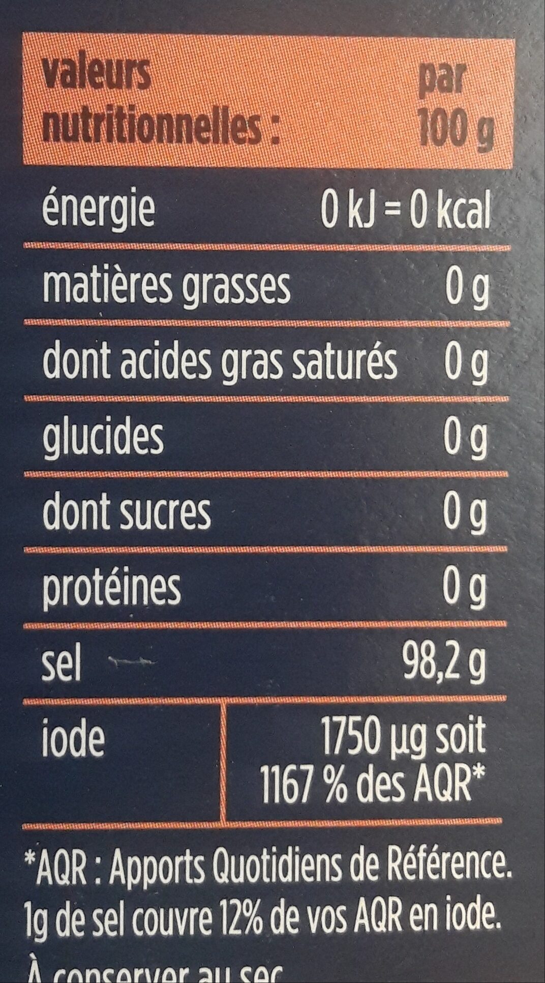 Gros sel iodé - Tableau nutritionnel