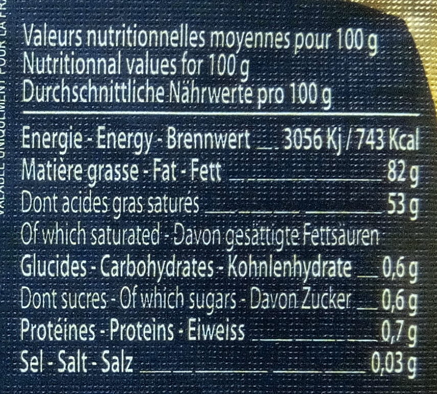 Beurre de Baratte Grand Cru à la crème maturée non pasteurisée, Doux - Información nutricional - fr