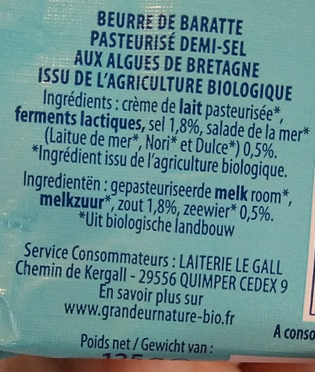 Beurre de baratte biologique aux algues de Bretagne - Ingredients - fr