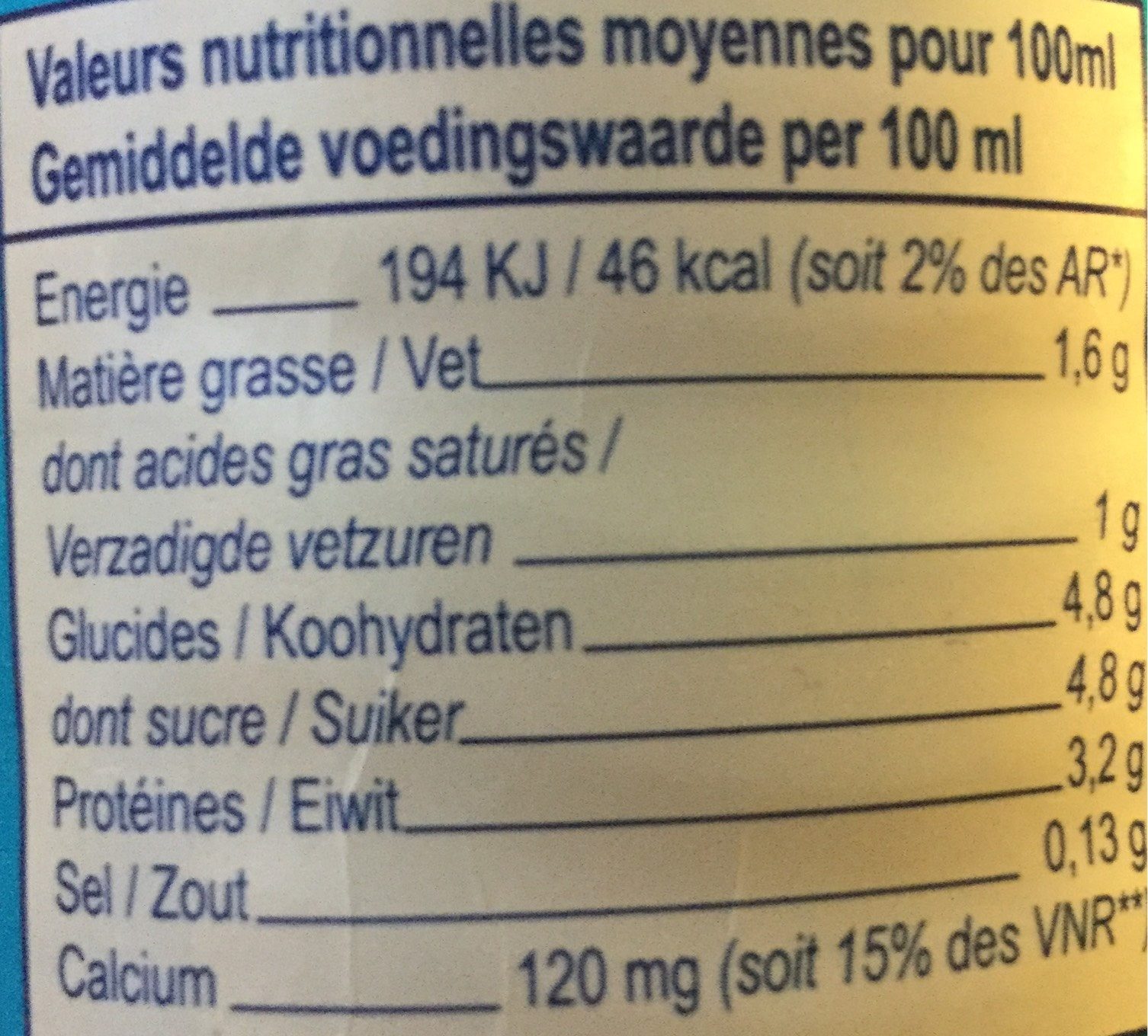 Lait bio demi écrémé - Nutrition facts - fr