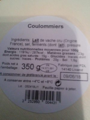 Coulommiers au lait cru - Ingredients - fr