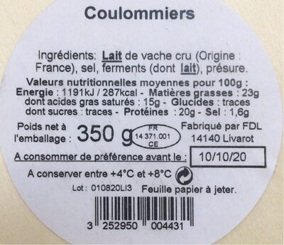 Coulommiers au lait cru - Nutrition facts - fr
