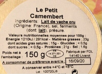 Petit camembert au lait cru - Nutrition facts - fr