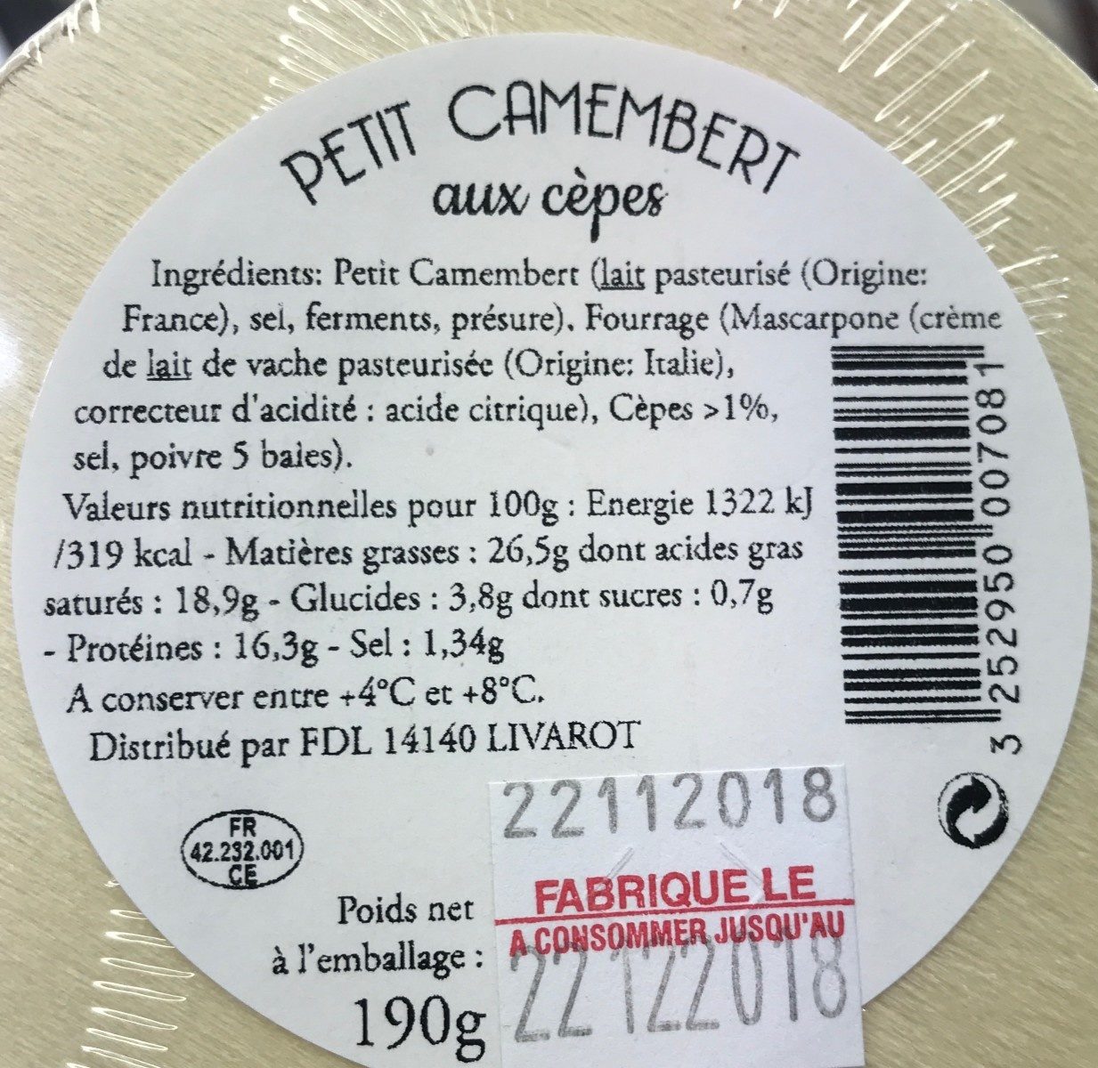 Petit camembert aux cepes - Ingredients - fr