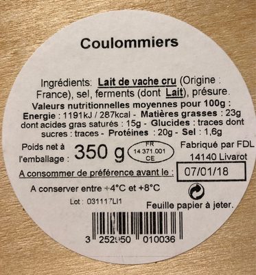 Coulommiers au Lait Cru (23 % MG) - Nährwertangaben - fr