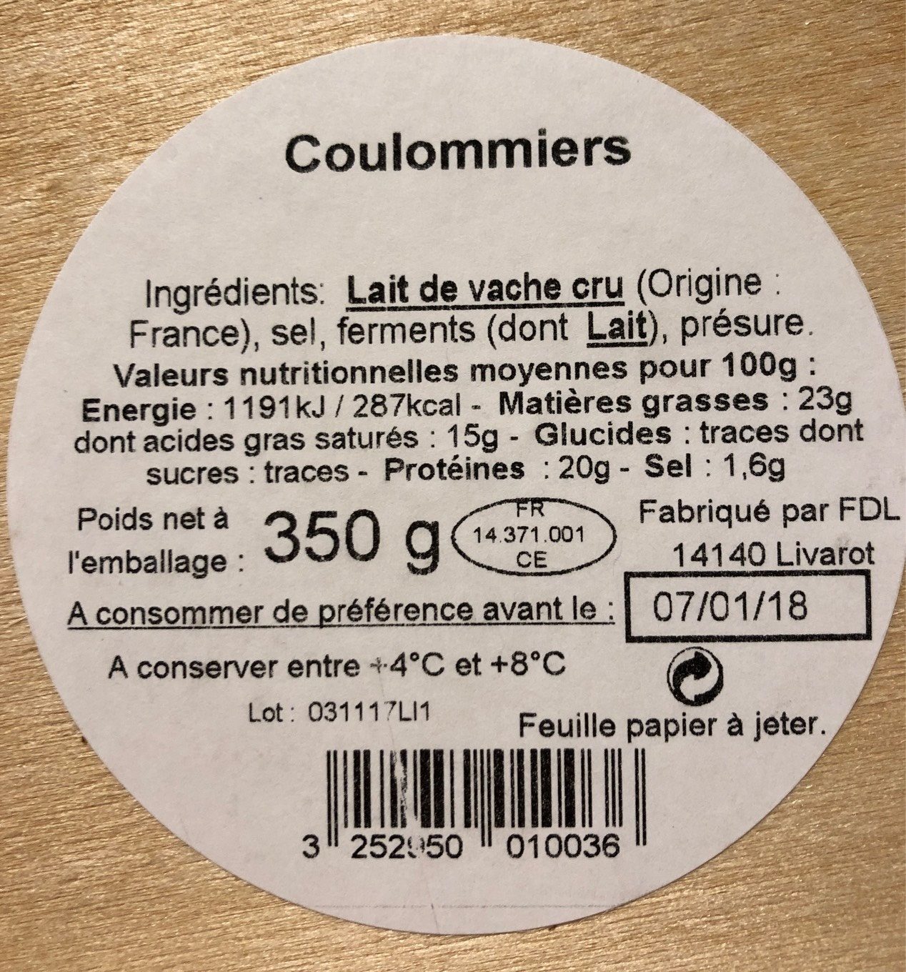 Coulommiers au Lait Cru (23 % MG) - Nutrition facts - fr