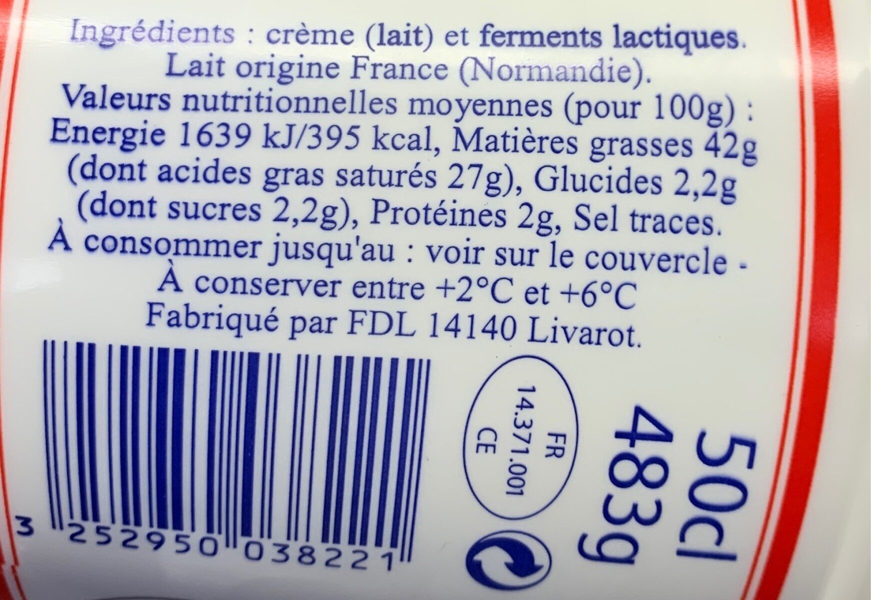 Crème Fraîche Épaisse de Normandie (42 % MG) - Nutrition facts - fr