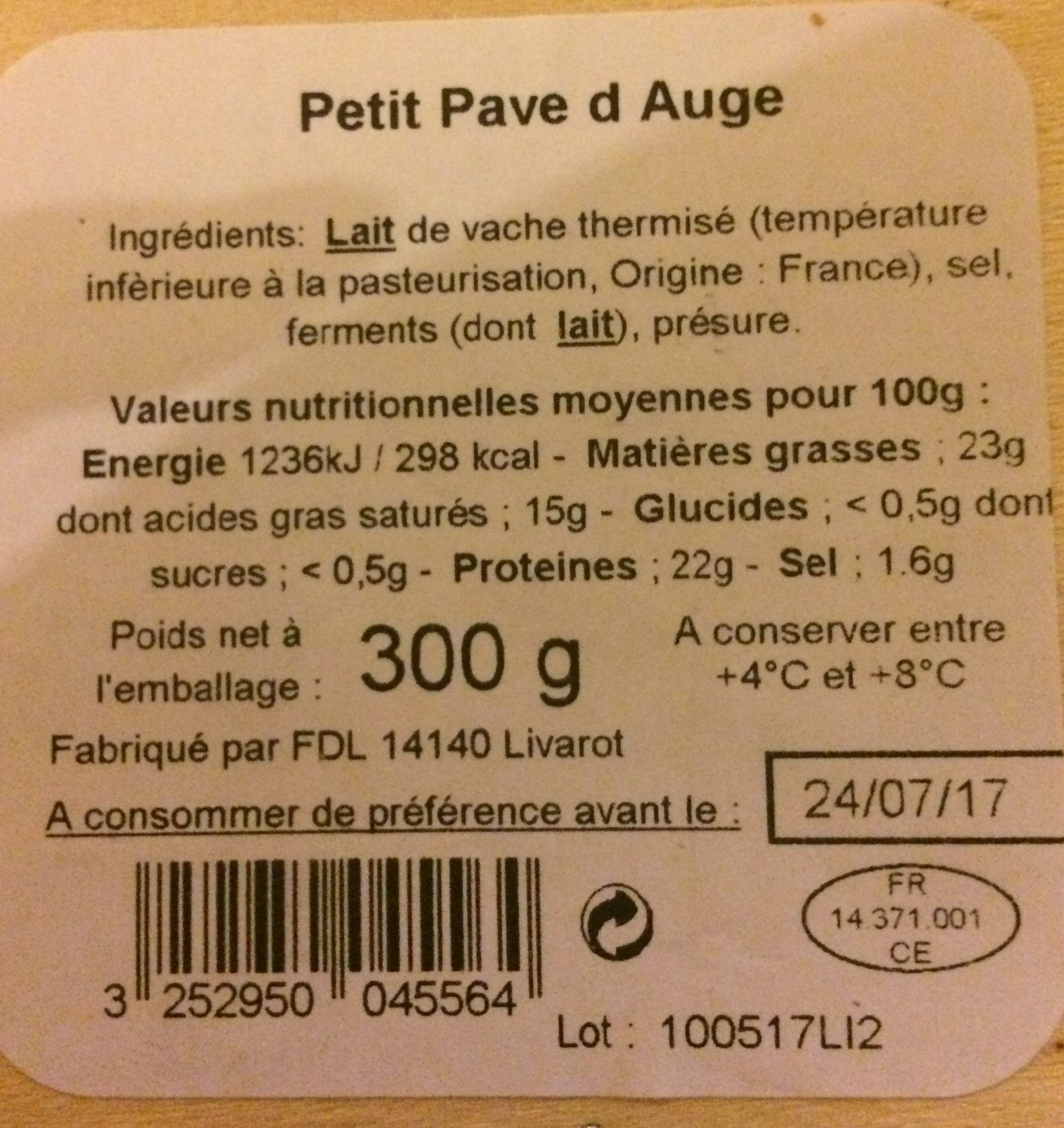 300G Petit Pave D Auge 23%MG Graindorge - Ingredients - fr