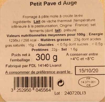 300G Petit Pave D Auge 23%MG Graindorge - Nutrition facts - fr