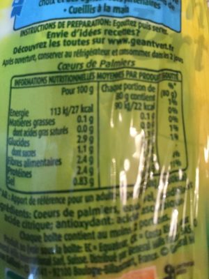Géant Vert Cœur de palmiers Les 2 boites de 220 g net égoutté - Nutrition facts - fr