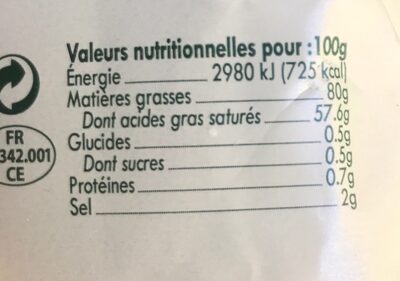 Beurre demi-sel gros grains - Tableau nutritionnel