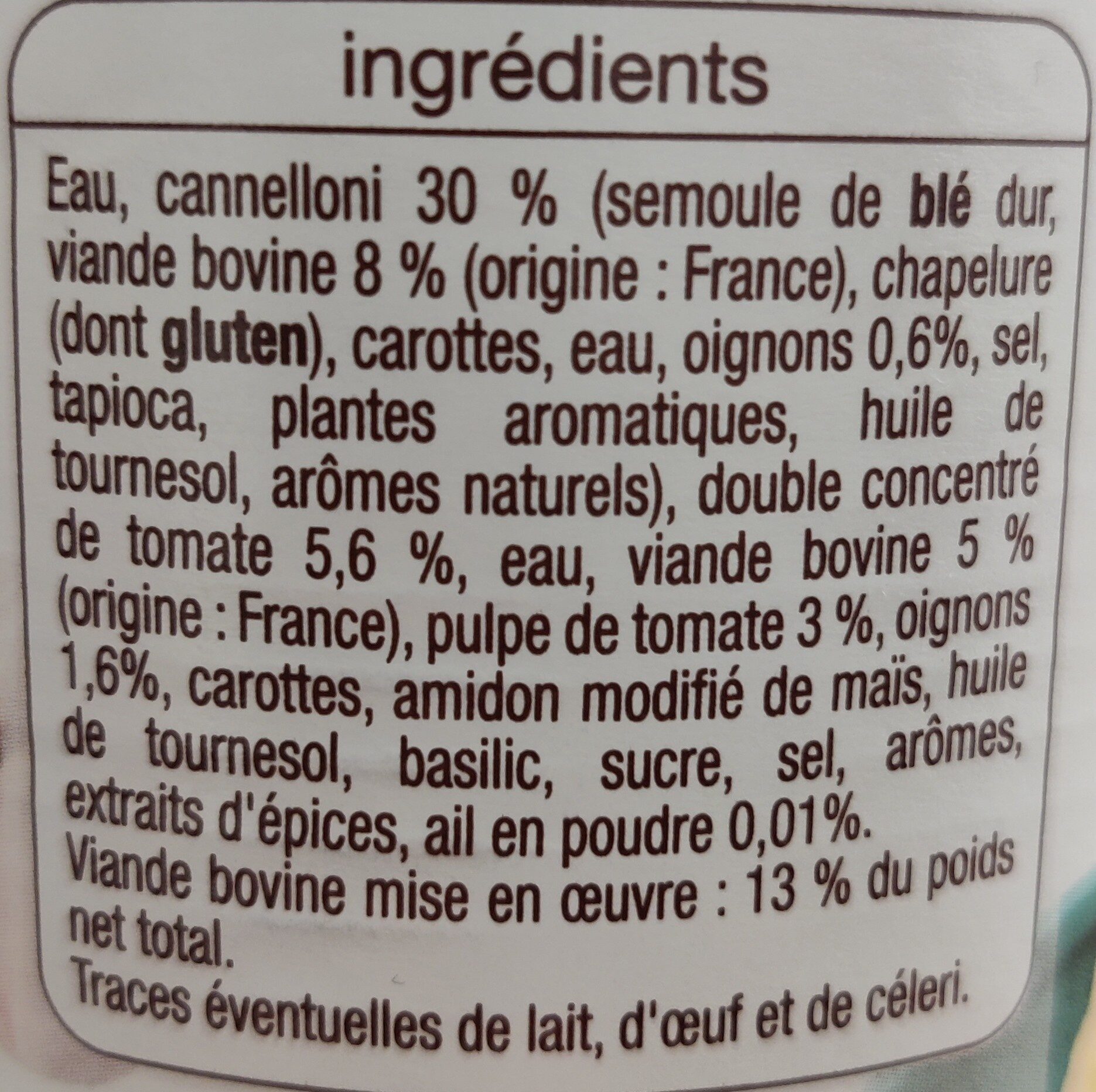 Cannelloni à la sauce italienne (pur bœuf) - Ingredienser - fr