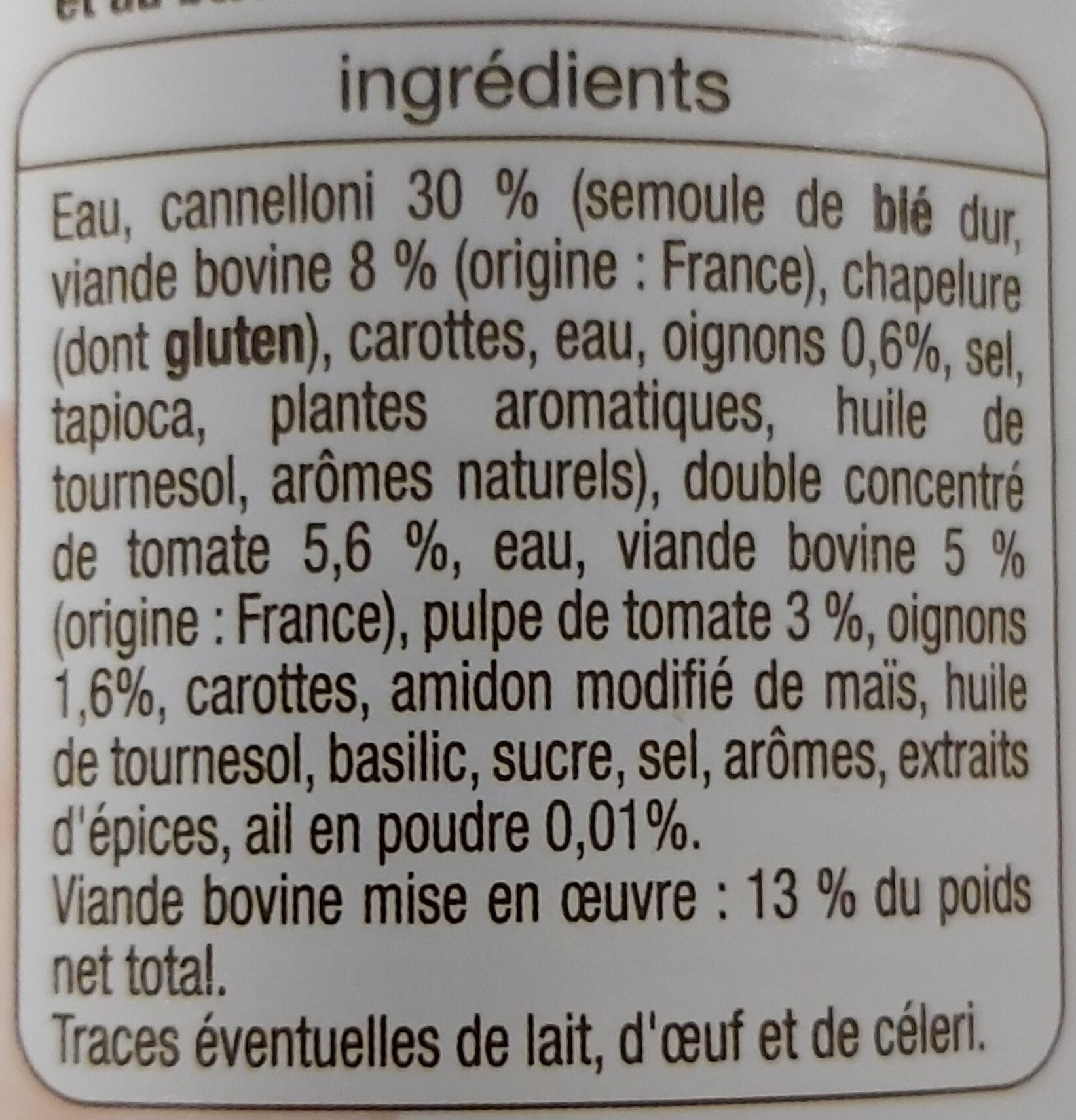 Cannelloni Boeuf pur - Ingrédients