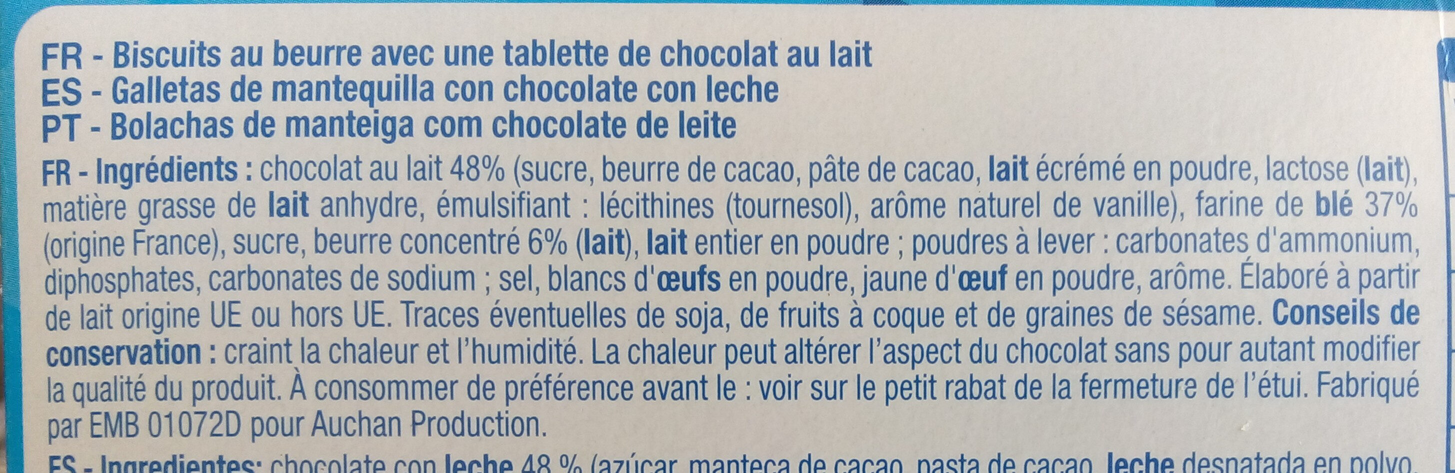Petit Beurre Tablette Chocolat au Lait - Ingrédients