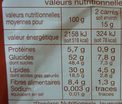 Chocolat Noir dessert - Información nutricional - fr
