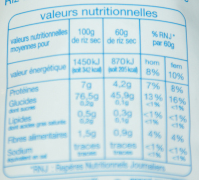 Riz très long Surinam - Nutrition facts - fr
